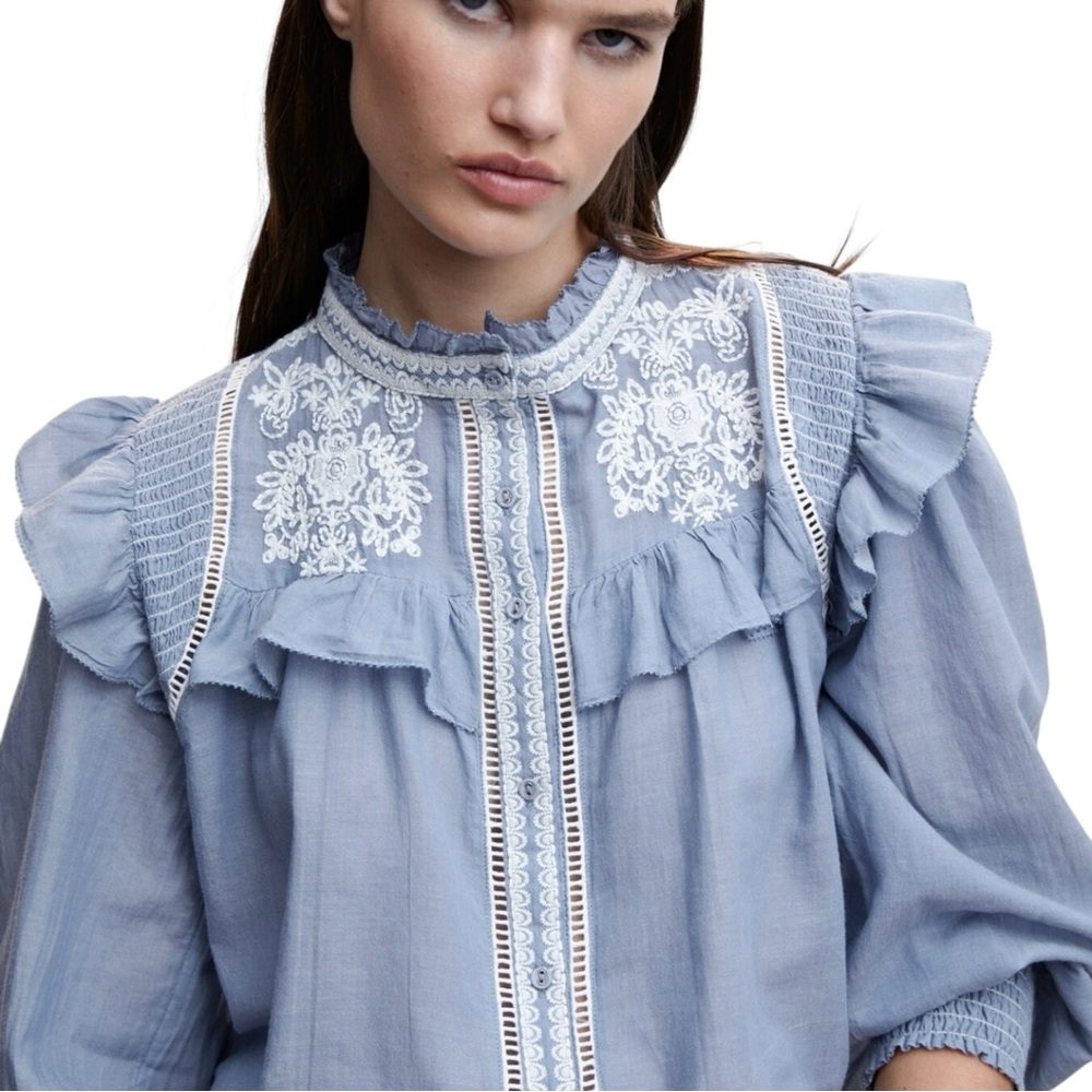 Mango Light Blue Ruffled Lace-Trim Blouse - Picture 3 of 11